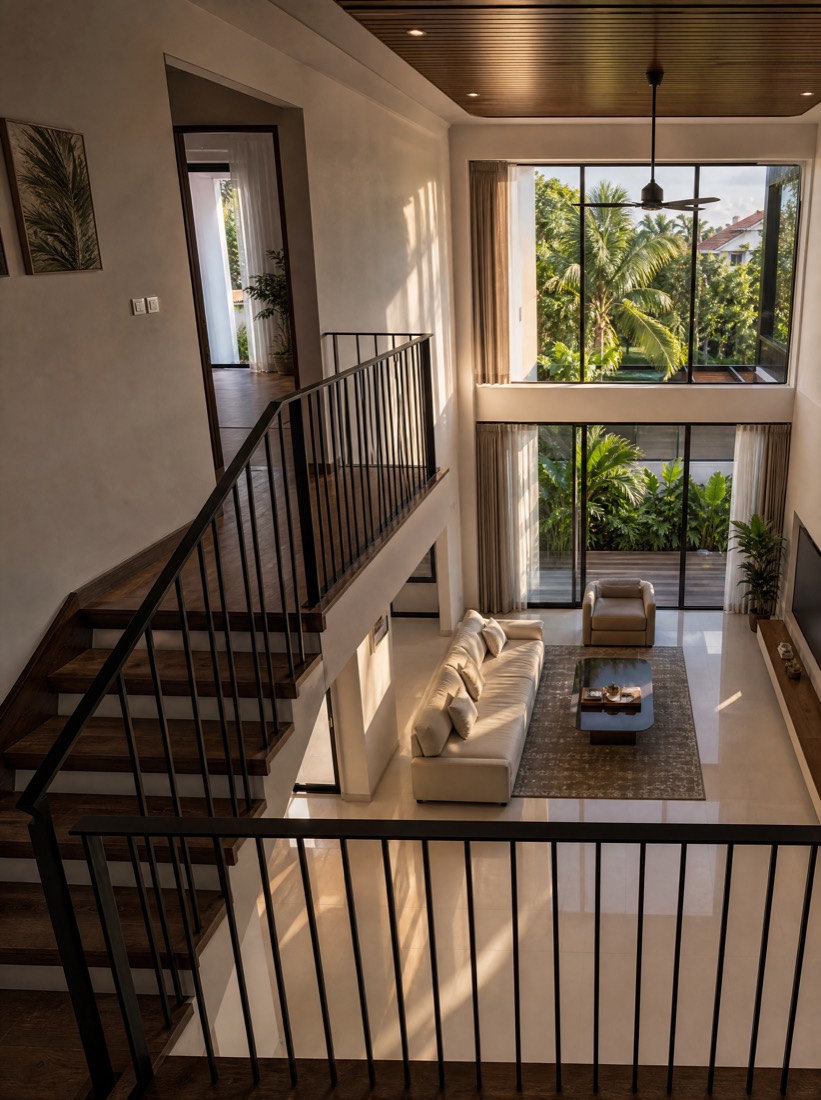 Seen from an upper landing: the staircase descends on the left and the double-height living room is visible below, both floors in one frame.