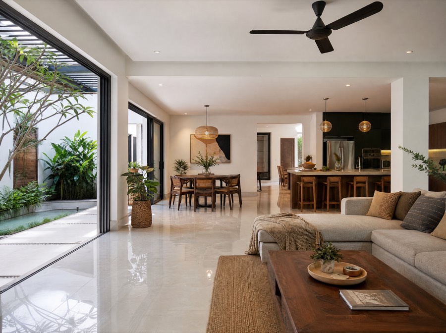 An open-plan ground floor where living, dining and kitchen are visible in one continuous space.