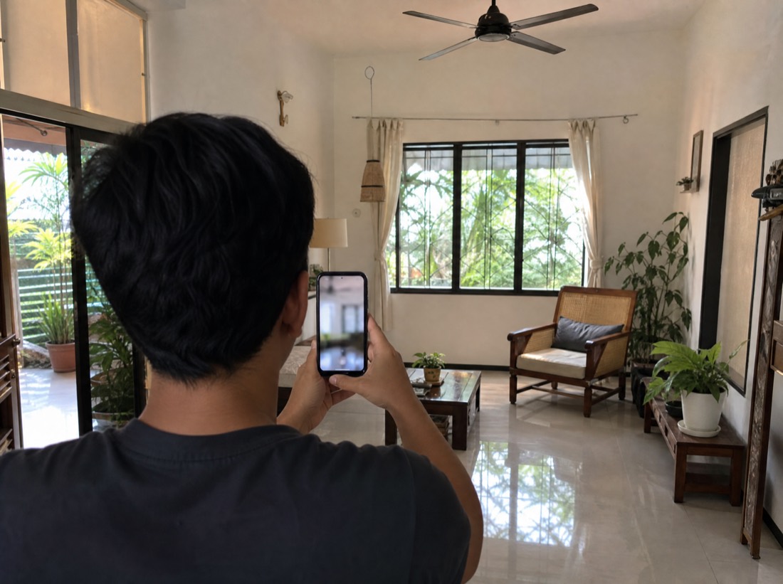 An agent holding an iPhone up to scan a bright living room with a rattan chair and ceiling fan.