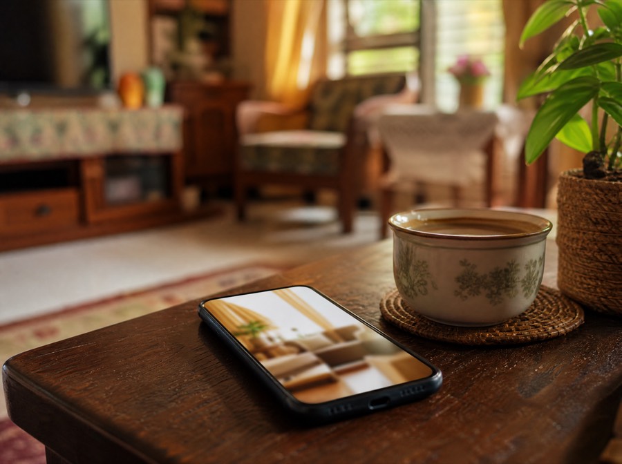 A phone resting on a coffee table, its screen glowing with a bright interior view.